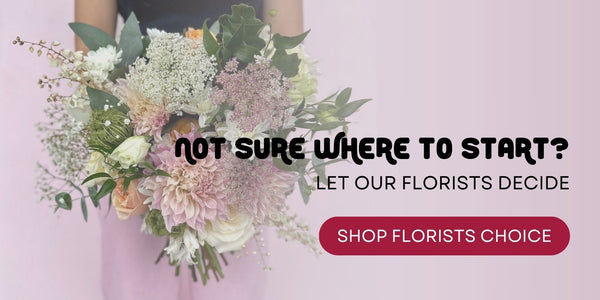 Gorgeous pink and white floral bouquet. Text: Not sure where to start? Let our florists decide. Shop Florists Choice